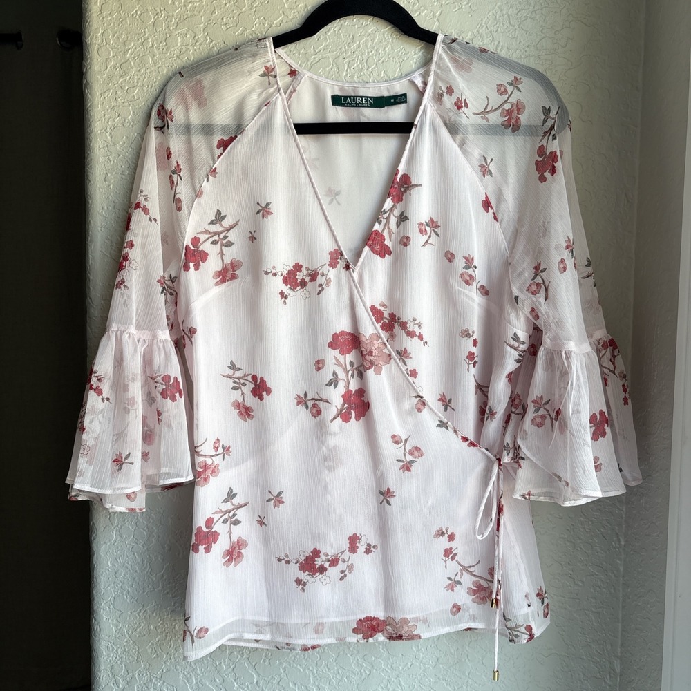 Lauren Ralph Womens M Blouse Pink Floral Wrap Tie Y2K Ruffle Bell Sleeve